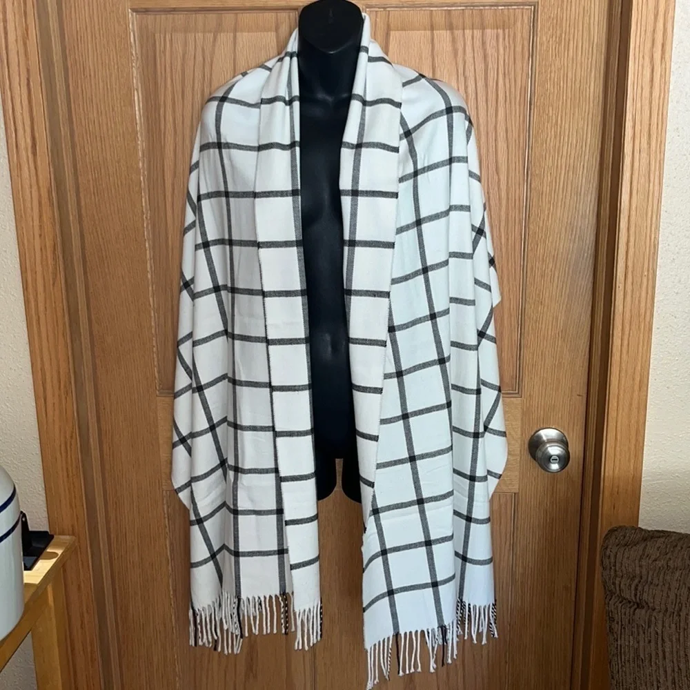 Winter white and black plaid wrap scarf